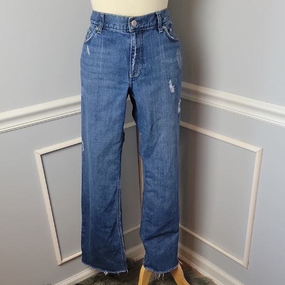 OLD NAVY Boy-Cut Low Rise Distressed Raw Hem Straight Leg Boho VTG Cotton Jeans - Picture 1 of 13